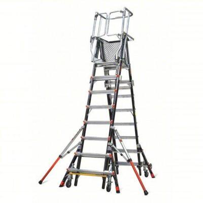 DESCRIPTION: (1) ADJUSTABLE SAFETY CAGE PLATFORM LADDER BRAND/MODEL: LITTLE GIANT/18515-240 INFORMATION: 375LB LOAD CAPACITY, FIBERGLASS RETAIL$: $3,0