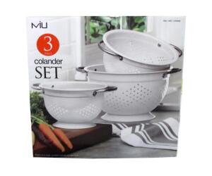 DESCRIPTION: (2) 3-PIECE COLANDER SET-WHITE BRAND/MODEL: MIU RETAIL$: $33.99 EACH QTY: 2