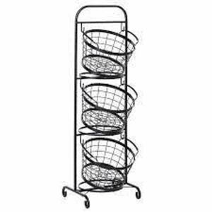 DESCRIPTION: 3-TIER WROUGHT IRON MARKET BASKET STAND W/ BASKETS BRAND/MODEL: MESA RETAIL$: $43.99 QTY: 1