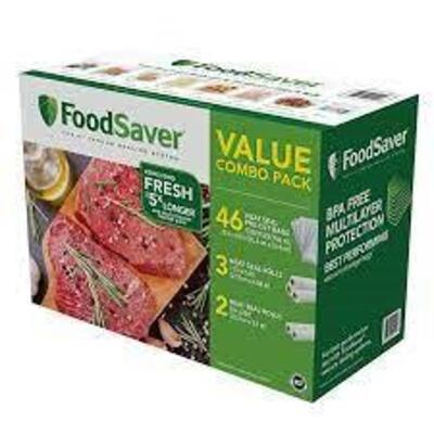 DESCRIPTION: FOODSAVER VACUUM BAG AND ROLL COMBO PACK BRAND/MODEL: FOODSAVER RETAIL$: $44.99 QTY: 1