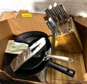 DESCRIPTION: WOK, FRY PAN, CLEAVERS, AND PARTIAL KNIFE BLOCK QTY: 1