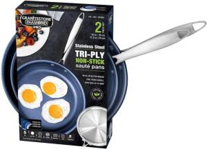 DESCRIPTION: STAINLESS STEEL TRI-PLY NON-STICK SAUTE PANS BRAND/MODEL: GRANITESTONE INFORMATION: $44.99 NEW SIZE: 10" AND 11.5" QTY: 1