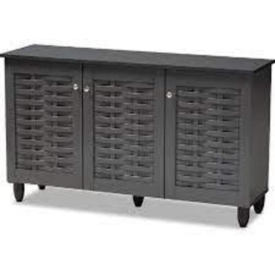 DESCRIPTION: (1) SHOE CABINET BRAND/MODEL: BAXTON #SC864573B INFORMATION: DARK GREY RETAIL$: $137.31 EA SIZE: 3 DOORS, 27"H 45"L 14"W QTY: 1