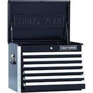 DESCRIPTION: (1) EDGE SERIES TOOL CHEST BRAND/MODEL: CRAFTSMAN INFORMATION: BLACK WITH CHROME EDGE RETAIL$: $264.00 EA SIZE: 26" QTY: 1