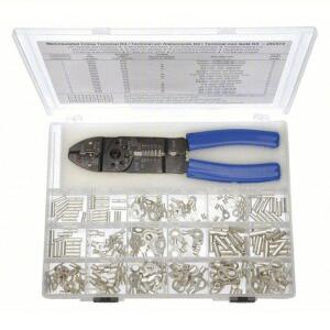 DESCRIPTION: (1) WIRE TERMINAL KIT, ALL IN ONE BRAND/MODEL: POWER FIRST #24C973 INFORMATION: BLUE HANDLE, CLEAR CASE RETAIL$: $80.74 EA SIZE: CRIMPING