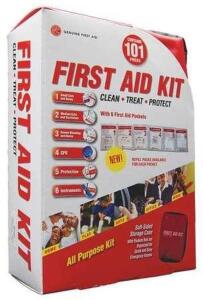 DESCRIPTION: (3) FIRST AID KIT BRAND/MODEL: GENUINE FIRST AID #34WK77 INFORMATION: RED RETAIL$: $13.88 EA SIZE: 101 COMPONENTS QTY: 3