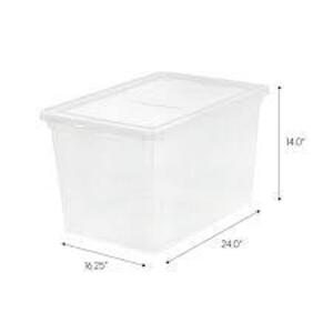 DESCRIPTION: (1) LARGE STORAGE BOX BRAND/MODEL: MAINSTAYS INFORMATION: CLEAR RETAIL$: $10.00 EA SIZE: 68 QT QTY: 1