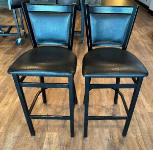 (2) 30" METAL FRAMED BAR STOOLS W/ GREY LEATHER CUSHIONS