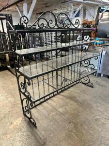 DESCRIPTION: 72" X 21" WROUGHT IRON THREE TIER BAKERS RACK W/ PLEXI GLASS INSERTS SIZE 72" X 21" X 70" T LOCATION: BAY 6 QTY: 1