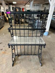 DESCRIPTION: 36" X 21" WROUGHT IRON THREE TIER BAKERS RACK W/ PLEXI GLASS INSERTS SIZE 36" X 21" X 60" T LOCATION: BAY 6 QTY: 1