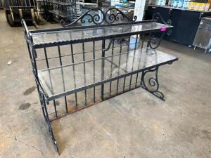 DESCRIPTION: 60" X 21" WROUGHT IRON TWO TIER BAKERS RACK W/ PLEXI GLASS INSERTS SIZE 60" X 21" X 50" T LOCATION: BAY 6 QTY: 1