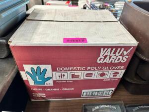 DESCRIPTION: (1) CASE OF LARGE POLY GLOVES BRAND / MODEL: VALU GARDS ADDITIONAL INFORMATION 8 BOXES OF 200 IN CASE LOCATION: BAY 6 QTY: 1