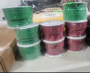 DESCRIPTION: (8) ROLLS OF TWISTED CORD TRIM ROPE BRAND/MODEL: BRIGHT CREATIONS INFORMATION: GREEN AND RED RETAIL$: $14.69 EA SIZE: 36 YARDS QTY: 8