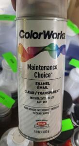 DESCRIPTION: (2) MAINTENANCE CHOICE ENAMEL SPRAY PAINT BRAND/MODEL: COLORWORKS INFORMATION: CLEAR RETAIL$: $13.00 EA SIZE: 11 OZ QTY: 2