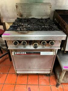 DESCRIPTION: GARLAND FOUR BURNER GAS RANGE W/ LOWER OVEN. BRAND / MODEL: GARLAND ADDITIONAL INFORMATION NATURAL GAS. W/ STAINLESS BACK SPLASH LOCATION