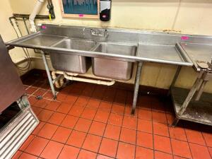 DESCRIPTION: 84" X 30" TWO WELL STAINLESS POT SINK W/ LEFT AND RIGHT DRY BOARD. ADDITIONAL INFORMATION SINGLE FAUCET. SIZE 84" X 30" LOCATION: KITCHEN