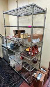 DESCRIPTION: 48" X 18" FIVE TIER METAL SHELF ADDITIONAL INFORMATION CONTENTS ARE NOT INCLUDED. SIZE 48" X 18" X 84" LOCATION: KITCHEN QTY: 1