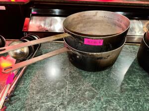 DESCRIPTION: (2) 10" SAUCE POTS W/ HANDLES SIZE 10" LOCATION: BAR THIS LOT IS: SOLD BY THE PIECE QTY: 2