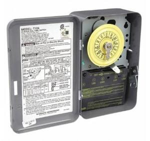 DESCRIPTION (1) INTERMATIC ELECTROMECHANICAL TIMER BRAND/MODEL T104 ADDITIONAL INFORMATION MAX TIME: 23HR/GRAY/RETAILS AT $104.88 SIZE 5"W X 3"D X 7-1