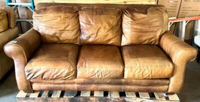 DESCRIPTION: 84" GENUINE LEATHER SOFA- BOWDEN BROWN BRAND/MODEL: LANE LEATHER INFORMATION: GOOD CONDITION SIZE: 84"