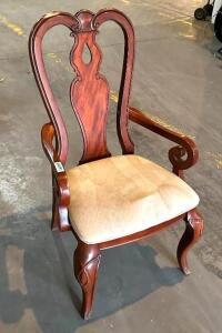 DESCRIPTION: DECORATIVE WOODEN DINING CHAIR (SEE PHOTOS) INFORMATION: WOOD HAS KNICKS AND MARKS, SEAT IS STAINED, SEE ADDITIONAL PHOTOS