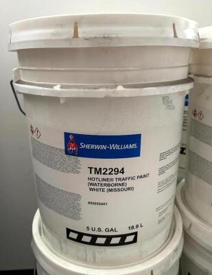 DESCRIPTION: (3) 5 GALLON BUCKETS OF HOTLINE TRAFFIC PAINT (WATERBORNE WHITE) BRAND/MODEL: SHERWIN WILLIAMS TM2294 LOCATION: OFFICE QTY: 4