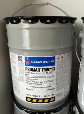 DESCRIPTION: (4) 5 GALLON BUCKETS OF SOLVENT BASED ACRYLIC TRAFFIC MARKING PAINT (YELLOW) BRAND/MODEL: SHERWIN WILLIAMS PROMAR TM5713 LOCATION: OFFICE