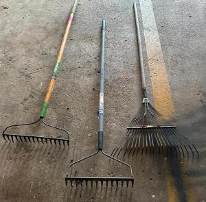 DESCRIPTION: (3) ASSORTED RAKES LOCATION: GARAGE QTY: 3