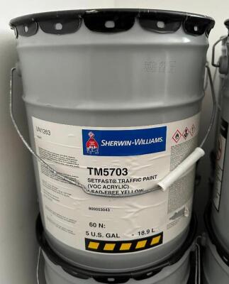 DESCRIPTION: (2) 5 GALLON BUCKETS OF SETFAST TRAFFIC PAINT (LEAD-FREE YELLOW) BRAND/MODEL: SHERWIN WILLIAMS TM5703 LOCATION: OFFICE QTY: 2