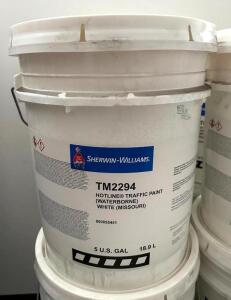 DESCRIPTION: (2) 5 GALLON BUCKETS OF HOTLINE TRAFFIC PAINT (WATERBORNE WHITE) BRAND/MODEL: SHERWIN WILLIAMS TM2294 LOCATION: OFFICE QTY: 2