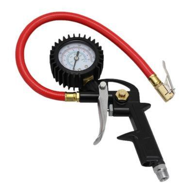 DESCRIPTION: (1) PISTOL GRIP ANALOG INFLATOR GAUGE BRAND/MODEL: EXELAIR INFORMATION: RED HOSE RETAIL$: $23.99 EA QTY: 1