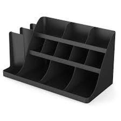 DESCRIPTION: (2) EXTRA LARGE COFFEE CONDIMENT AND ACCESSORY ORGANIZER BRAND/MODEL: EMS MIND READER #COMORG2-BLK INFORMATION: BLACK RETAIL$: $64.99 EA