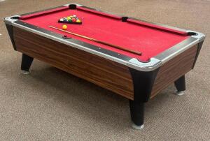 DESCRIPTION: DYNAMO POOL TABLE WITH ACCESSORIES ADDITIONAL INFORMATION: GOOD CONDITION. SEE PHOTOS FOR LOT ACCESSORIES. SOLD AS SET. LOCATION: CLINIC