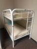 DESCRIPTION: TWIN OVER TWIN WHITE METAL FRAMED BUNK BED WITH MATTRESSES RETAIL PRICE: 233.8 ADDITIONAL INFORMATION: GREAT CONDITION WITH MINOR COSMETI