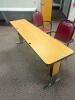 DESCRIPTION: 72" ADJUSTABLE HEIGHT LAMINATE TOP SEMINAR TABLE WITH FOLDING PANEL LEGS RETAIL PRICE: $200 ADDITIONAL INFORMATION: TABLE ONLY. EXCELLENT - 2