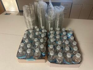 DESCRIPTION: LARGE GROUP OF WATER BOTTLES AND CUPS LOCATION: CLINIC 5 MEDICAL LAB THIS LOT IS: ONE MONEY QTY: 1