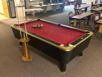 DESCRIPTION: DYNAMO POOL TABLE WITH ACCESSORIES ADDITIONAL INFORMATION: GOOD CONDITION. SEE PHOTOS FOR LOT ACCESSORIES. SOLD AS SET. LOCATION: CLINIC