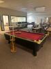 DESCRIPTION: DYNAMO POOL TABLE WITH ACCESSORIES ADDITIONAL INFORMATION: GOOD CONDITION. SEE PHOTOS FOR LOT ACCESSORIES. SOLD AS SET. LOCATION: CLINIC - 11