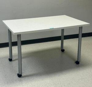 DESCRIPTION: ROLLING MEDIA TABLE SIZE: 30" X 48" X 28" LOCATION: CLINIC 7 THIS LOT IS: ONE MONEY QTY: 1
