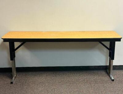 DESCRIPTION: (6) - 72" ADJUSTABLE HEIGHT LAMINATE TOP SEMINAR TABLES WITH FOLDING PANEL LEGS RETAIL PRICE: $200.00 EACH ADDITIONAL INFORMATION: TABLE