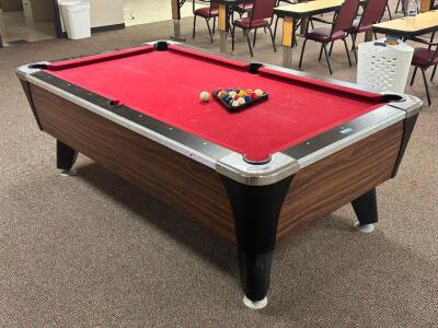 DESCRIPTION: DYNAMO POOL TABLE WITH ACCESSORIES ADDITIONAL INFORMATION: GOOD CONDITION. SEE PHOTOS FOR LOT ACCESSORIES. SOLD AS SET. LOCATION: CLINIC