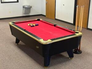 DESCRIPTION: DYNAMO POOL TABLE WITH ACCESSORIES ADDITIONAL INFORMATION: GOOD CONDITION. SEE PHOTOS FOR LOT ACCESSORIES. SOLD AS SET. LOCATION: CLINIC