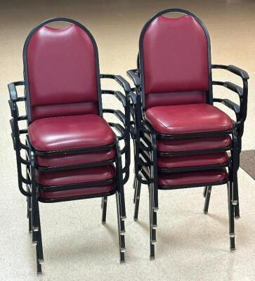 DESCRIPTION: (8) - PADDED SEAT STACKABLE ARM CHAIRS RETAIL PRICE: $80 EACH ADDITIONAL INFORMATION: GREAT CONDITION WITH MINOR COSMETIC WEAR. STOCK PHO