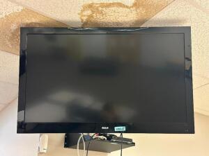 DESCRIPTION: 42" LCD FLAT SCREEN TV WITH CEILING MOUNT BRAND / MODEL: RCA ADDITIONAL INFORMATION: SOLD AS SET. SIZE: SEE PHOTOS LOCATION: CLINIC 10 TH