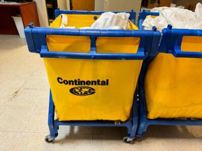 DESCRIPTION: (2) CONTINENTAL LAUNDRY CARTS. BRAND / MODEL: CONTINENTAL ADDITIONAL INFORMATION BLUE PLASTIC W/ YELLOW VINYL LINER LOCATION: LAUNDRY THI