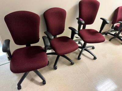 DESCRIPTION: (3) MAROON UPHOLSTERED OFFICE CHAIRS LOCATION: COMPUTER ROOM / BY KITCHEN THIS LOT IS: SOLD BY THE PIECE QTY: 3