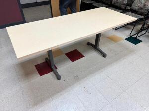 (2) 72" X 30" COMPOSITE TABLES W/ DOUBLE PEDESTAL BASES.