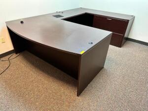 70" X 100" U SHAPED CHERRY LAMINATE DESK W/ LATERAL AND HUTCH.