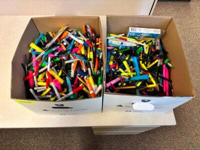 (2) BOXES OF ASSORTED PENS, MARKERS, AND PENCILS