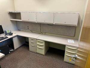 12' COMPOSITE WALL MOUNTED WORK STATION W/ PARTITIONS AND HUTCHES